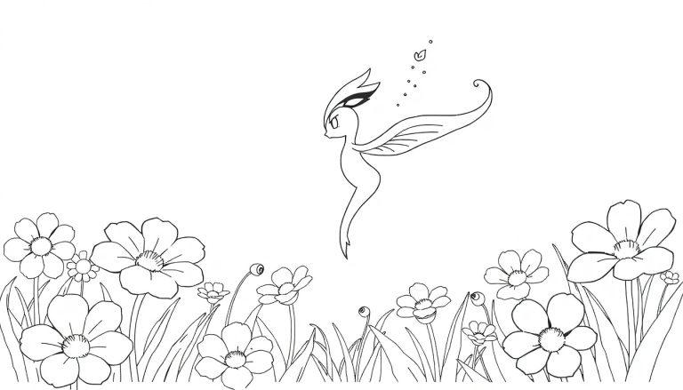 Eine Schwarz-Weiß-Zeichnung einer Fee, die über einer Blumenwiese schwebt, mit Punkten, die sie umgeben.