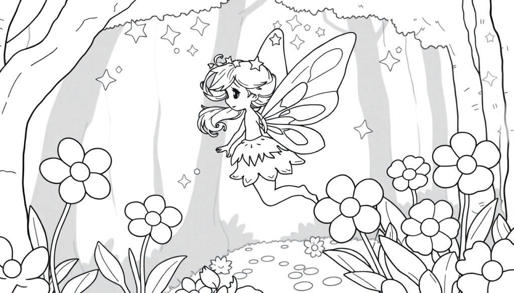 Schwarz-weiß Farbtafel einer niedlichen Cartoon-Fee mit Diadem und Blütenblattrock, die zwischen Blumen und Bäumen schwebt.