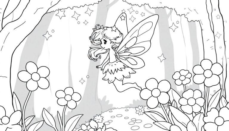 Schwarz-weiß Farbtafel einer niedlichen Cartoon-Fee mit Diadem und Blütenblattrock, die zwischen Blumen und Bäumen schwebt.