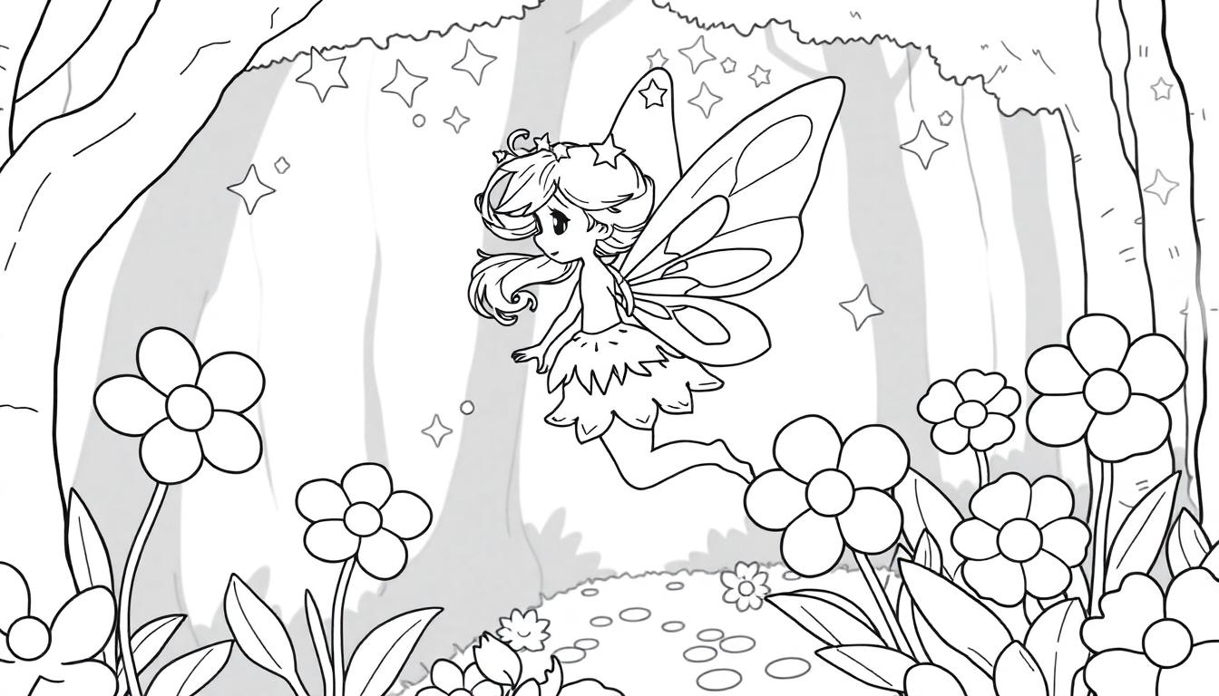 Schwarz-weiß Farbtafel einer niedlichen Cartoon-Fee mit Diadem und Blütenblattrock, die zwischen Blumen und Bäumen schwebt.