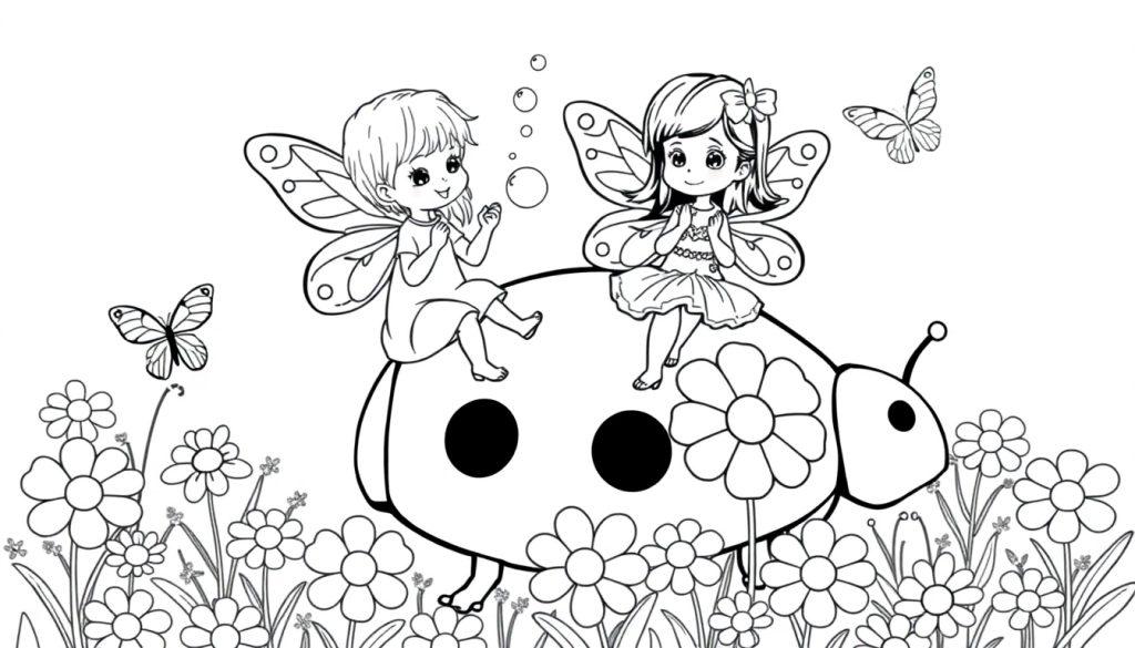 Zwei kleine Feenmädchen auf einem Marienkäfer in einem Blumenfeld, bereit zum Ausmalen, Farbtafel