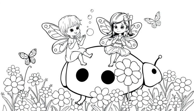 Zwei kleine Feenmädchen auf einem Marienkäfer in einem Blumenfeld, bereit zum Ausmalen, Farbtafel