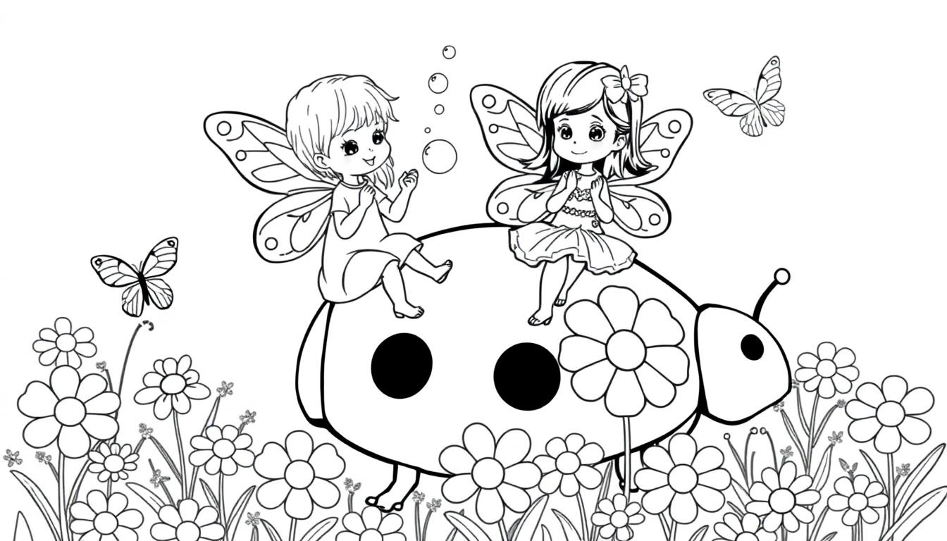 Zwei kleine Feenmädchen auf einem Marienkäfer in einem Blumenfeld, bereit zum Ausmalen, Farbtafel