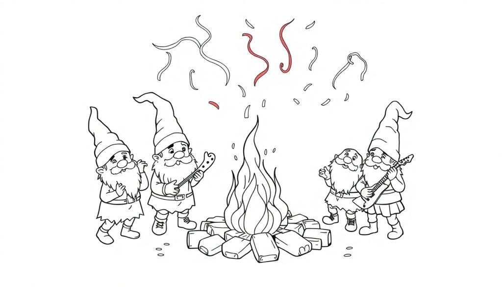 Eine Farbtafel-Illustration von vier Gartenzwergen, die um ein Lagerfeuer tanzen und Gitarre spielen.