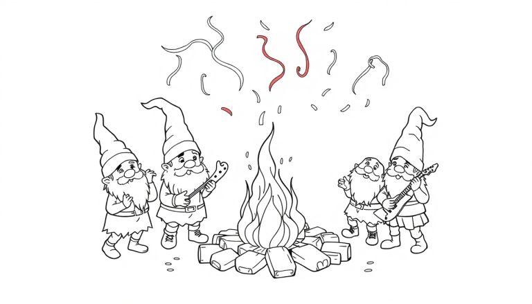 Eine Farbtafel-Illustration von vier Gartenzwergen, die um ein Lagerfeuer tanzen und Gitarre spielen.