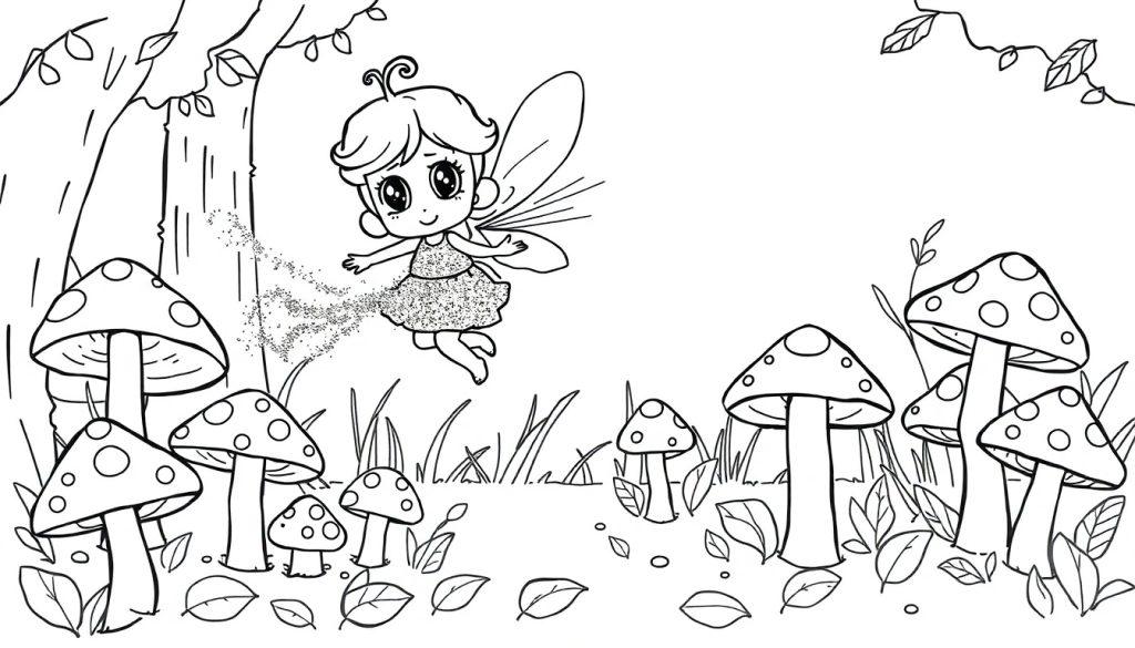 Eine Schwarz-Weiß-Farbtafel einer Cartoon-Fee, die mit Glitzerstaub durch einen Pilzwald schwebt.