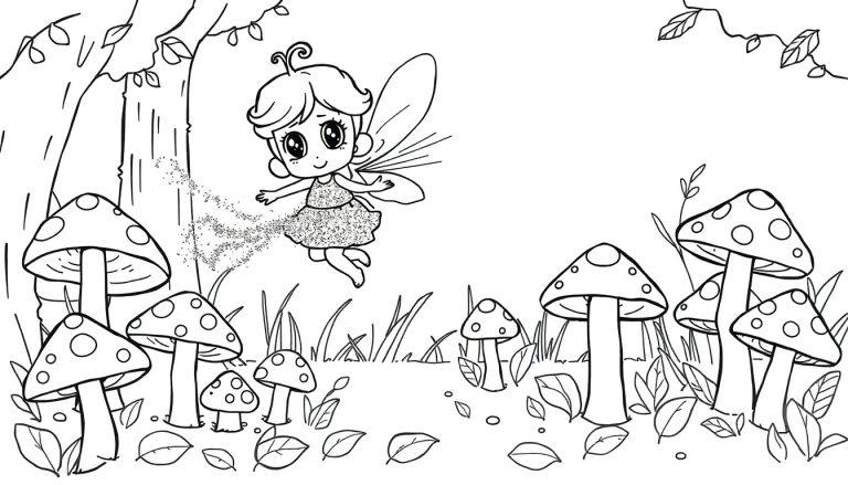 Eine Schwarz-Weiß-Farbtafel einer Cartoon-Fee, die mit Glitzerstaub durch einen Pilzwald schwebt.