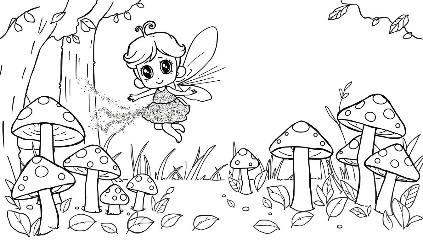Eine Schwarz-Weiß-Farbtafel einer Cartoon-Fee, die mit Glitzerstaub durch einen Pilzwald schwebt.