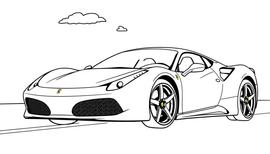 Schwarz-weiße Umrisszeichnung eines Ferrari-Sportwagens als Farbtafel.