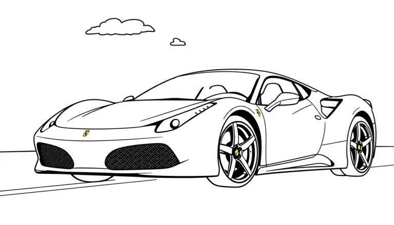 Schwarz-weiße Umrisszeichnung eines Ferrari-Sportwagens als Farbtafel.