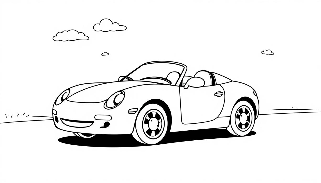Schwarz-Weiß-Farbtafel eines niedlichen, cartoonartigen Cabrio-Sportwagens, der nach links zeigt, mit klaren Linien und Schatten.