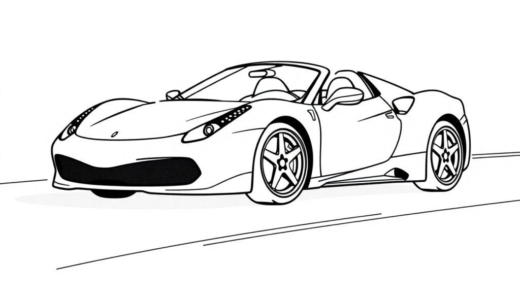 Farbtafel eines schwarzen und weißen Ferrari-Sportwagens im Profil.