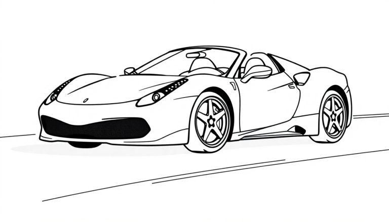 Farbtafel eines schwarzen und weißen Ferrari-Sportwagens im Profil.