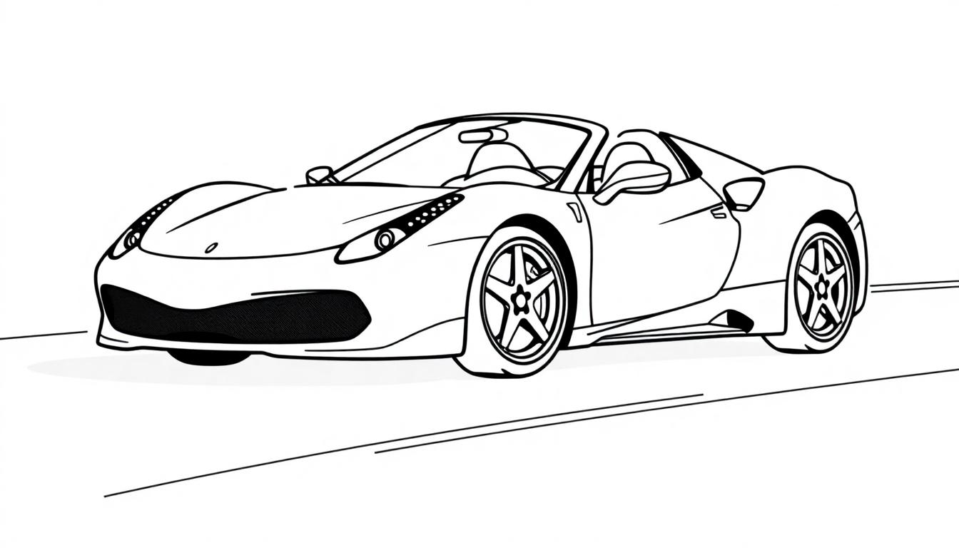 Farbtafel eines schwarzen und weißen Ferrari-Sportwagens im Profil.