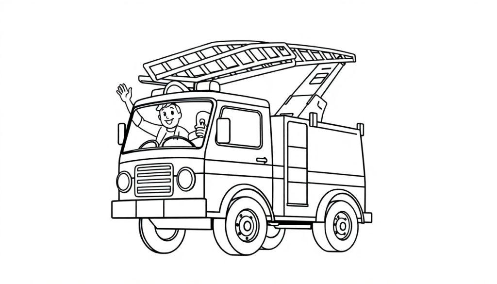Schwarz-weiße Farbtafel eines freundlichen Feuerwehrautos mit einer Leiter und winkendem Fahrer.