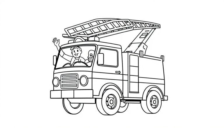 Schwarz-weiße Farbtafel eines freundlichen Feuerwehrautos mit einer Leiter und winkendem Fahrer.