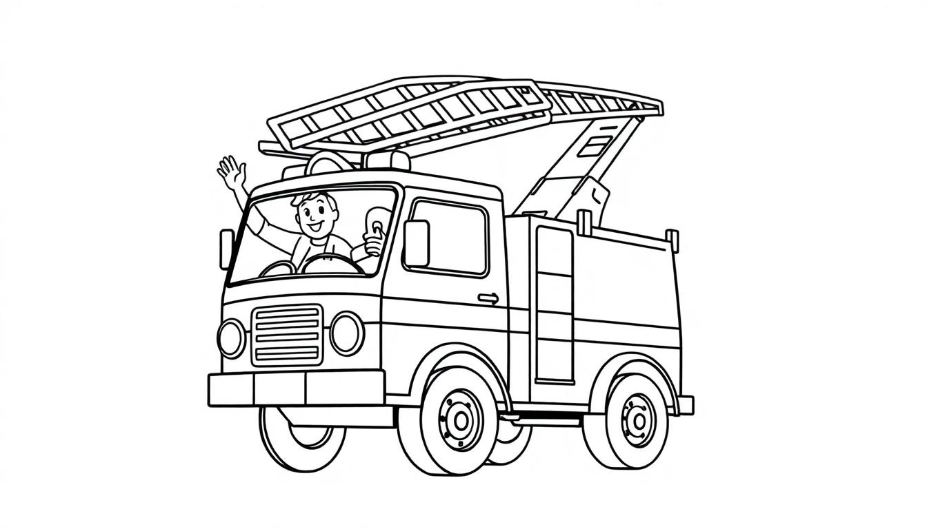 Schwarz-weiße Farbtafel eines freundlichen Feuerwehrautos mit einer Leiter und winkendem Fahrer.