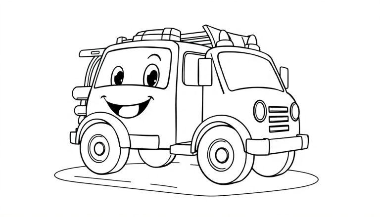Eine Schwarz-Weiß-Farbtafel eines fröhlichen Cartoon-Feuerwehrautos mit großen Augen und einem breiten Grinsen, bereit zum Ausmalen.