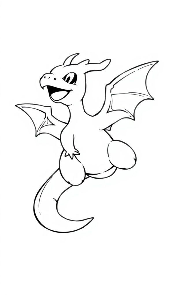 Ein Cartoon-Drache fliegt mit ausgebreiteten Flügeln.