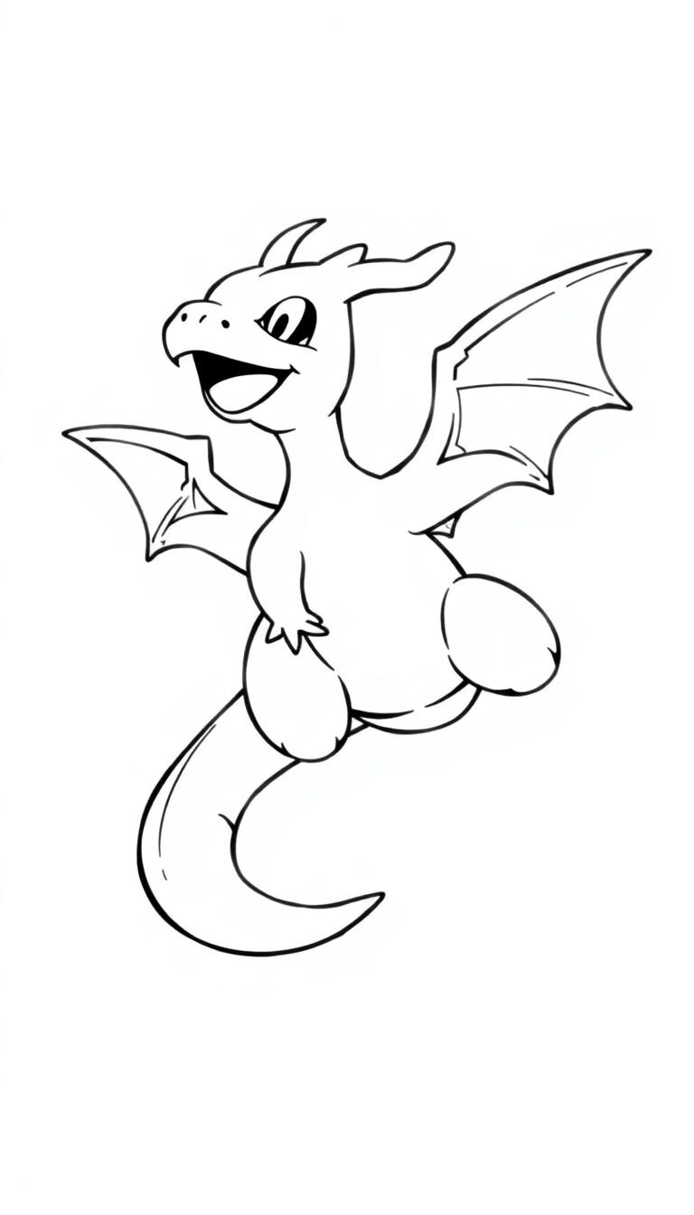 Ein Cartoon-Drache fliegt mit ausgebreiteten Flügeln.
