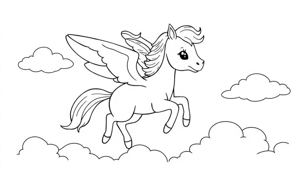 Schwarz-Weiß-Farbtafel eines flauschigen geflügelten Pferdes (Pegasus), das sanft durch verträumte Wolken schwebt, perfekt zum Ausmalen.