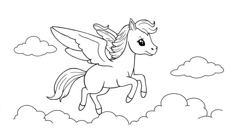 Schwarz-Weiß-Farbtafel eines flauschigen geflügelten Pferdes (Pegasus), das sanft durch verträumte Wolken schwebt, perfekt zum Ausmalen.