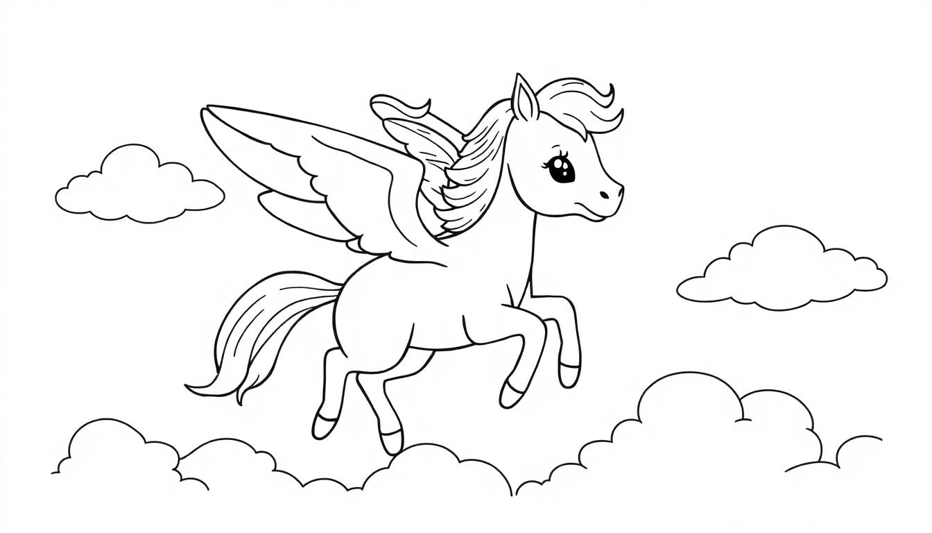 Schwarz-Weiß-Farbtafel eines flauschigen geflügelten Pferdes (Pegasus), das sanft durch verträumte Wolken schwebt, perfekt zum Ausmalen.