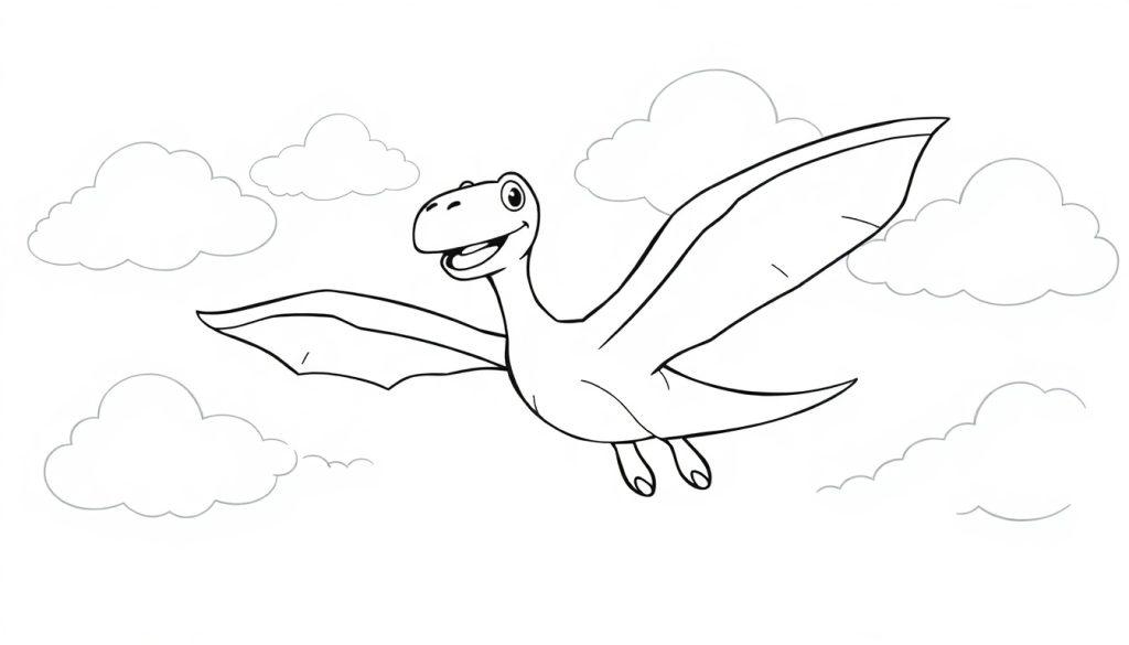 Schwarz-weiße Farbtafel eines lächelnden Pteranodon mit ausgebreiteten Flügeln, der durch stilisierte Wolken fliegt.