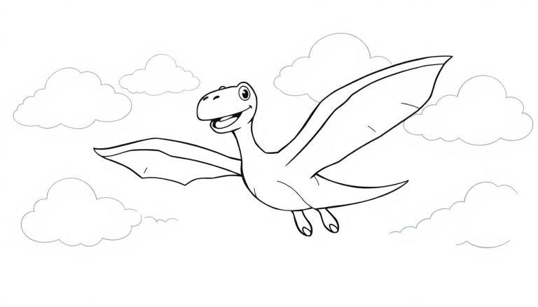 Schwarz-weiße Farbtafel eines lächelnden Pteranodon mit ausgebreiteten Flügeln, der durch stilisierte Wolken fliegt.