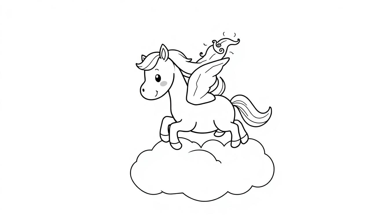 Eine geflügelte Pferd-Farbtafel auf einer Wolke.