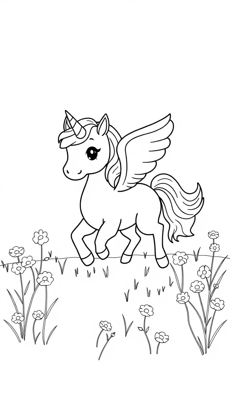 Ein niedliches, schwarz-weiß gezeichnetes Einhorn mit Flügeln steht in einer Blumenwiese.
