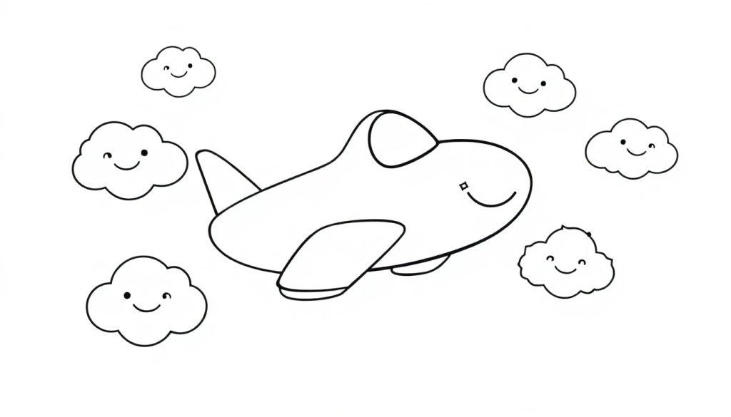Schwarz-weiße Farbtafel eines freundlichen Flugzeugs, das von lächelnden Wolken umgeben ist.