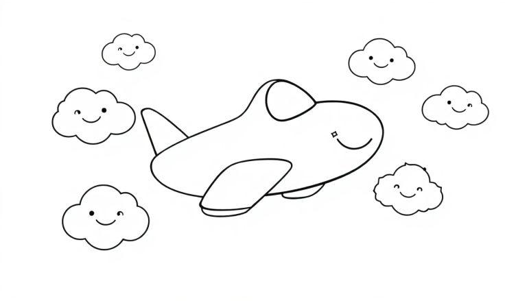 Schwarz-weiße Farbtafel eines freundlichen Flugzeugs, das von lächelnden Wolken umgeben ist.