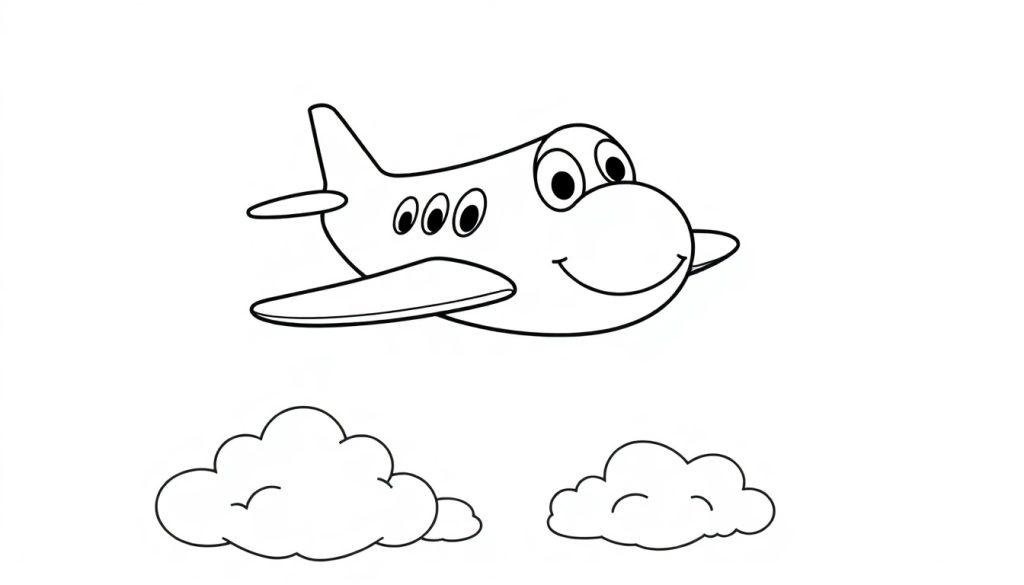 Eine Schwarz-Weiß-Farbtafel eines fröhlichen Cartoon-Flugzeugs mit einem lächelnden Gesicht, das über zwei einfachen Wolken fliegt.