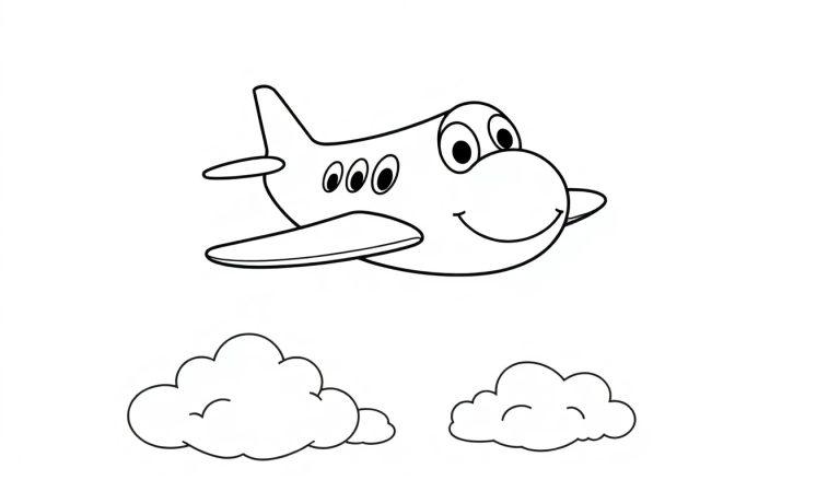Eine Schwarz-Weiß-Farbtafel eines fröhlichen Cartoon-Flugzeugs mit einem lächelnden Gesicht, das über zwei einfachen Wolken fliegt.