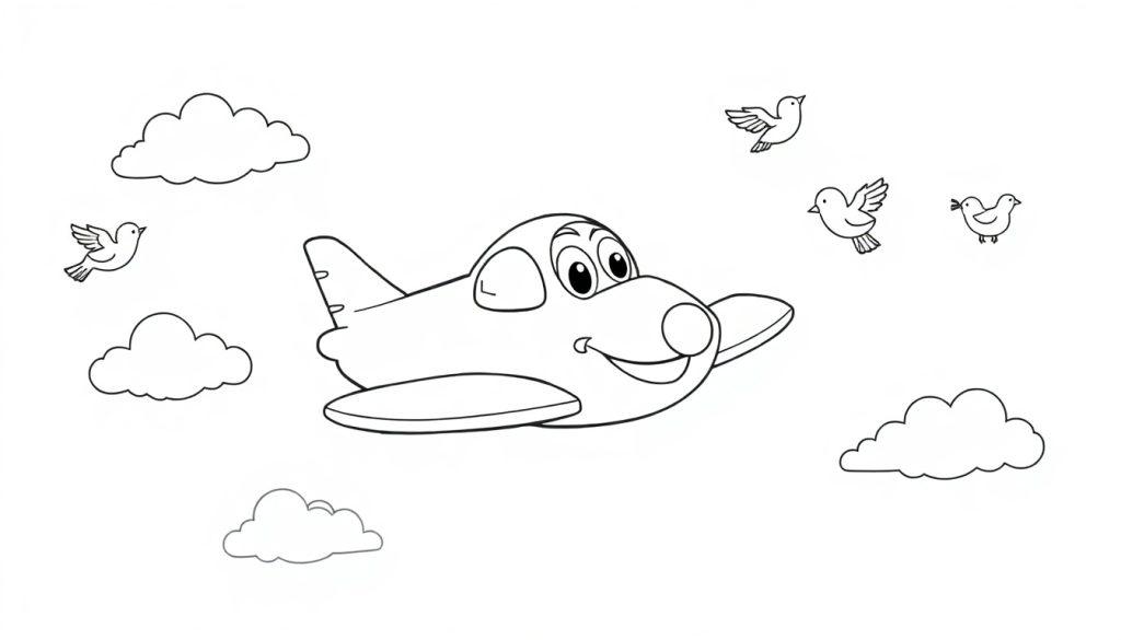 Schwarz-weiße Farbtafel eines niedlichen Cartoon-Flugzeugs, das durch Wolken fliegt, mit kleinen Vögeln.
