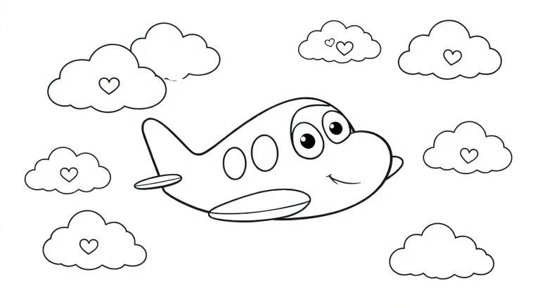 Schwarz-Weiß Farbtafel eines Cartoon-Flugzeugs mit einem freundlichen Gesicht, das inmitten von herzförmigen Wolken fliegt.