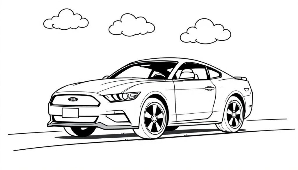 Farbtafel eines schwarz-weißen Cartoon-Ford Mustangs, der auf einer Straße fährt, mit drei Wolken im Himmel.