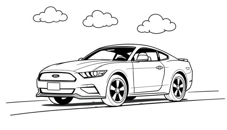 Farbtafel eines schwarz-weißen Cartoon-Ford Mustangs, der auf einer Straße fährt, mit drei Wolken im Himmel.