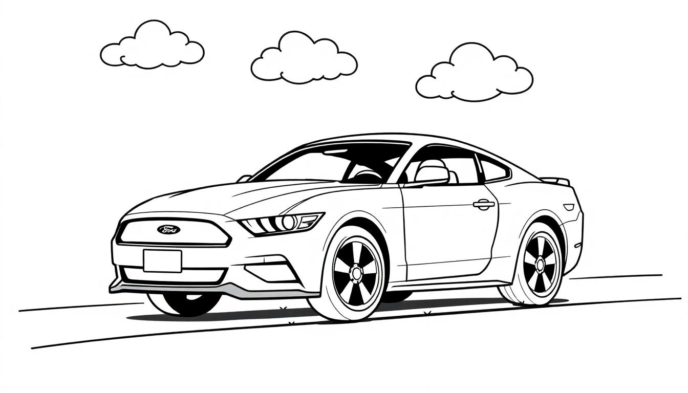 Farbtafel eines schwarz-weißen Cartoon-Ford Mustangs, der auf einer Straße fährt, mit drei Wolken im Himmel.