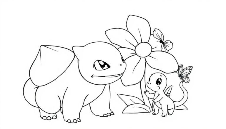 Bulbasaur und Charmander treffen sich neben einer Blume mit Schmetterlingen