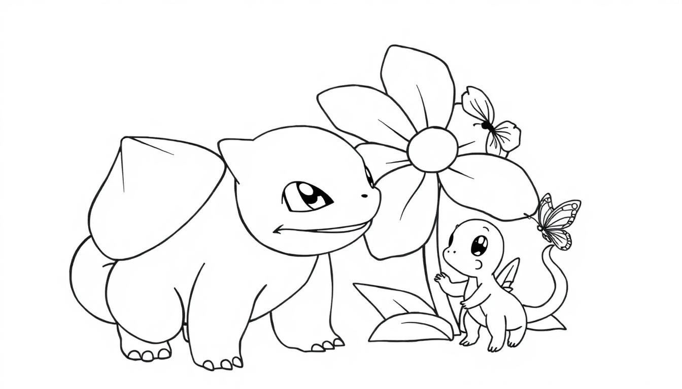 Bulbasaur und Charmander treffen sich neben einer Blume mit Schmetterlingen