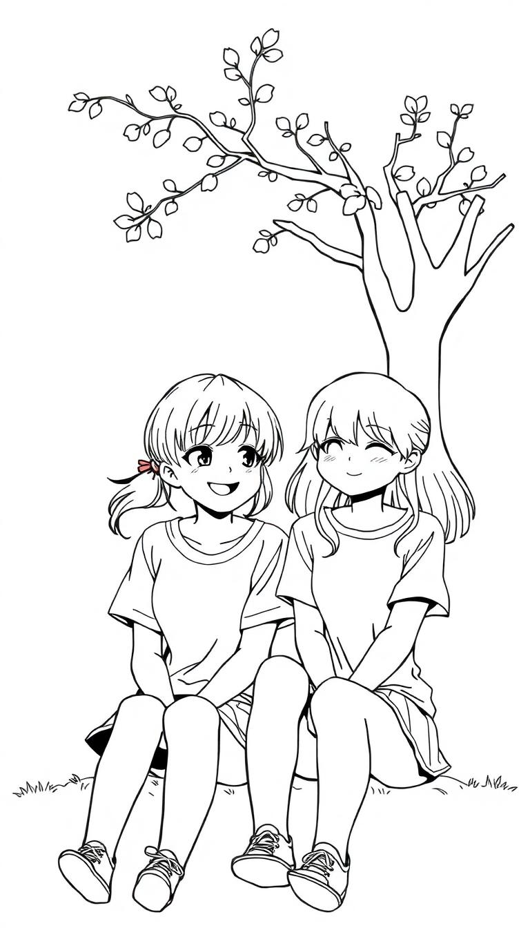 Zwei Anime-Mädchen sitzen unter einem Baum