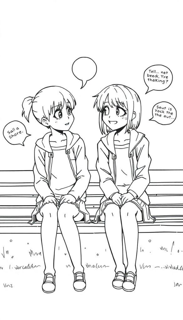 Zwei Manga-Mädchen sitzen auf einer Bank und unterhalten sich, eines mit Pferdeschwanz, das andere mit kurzen Haaren.