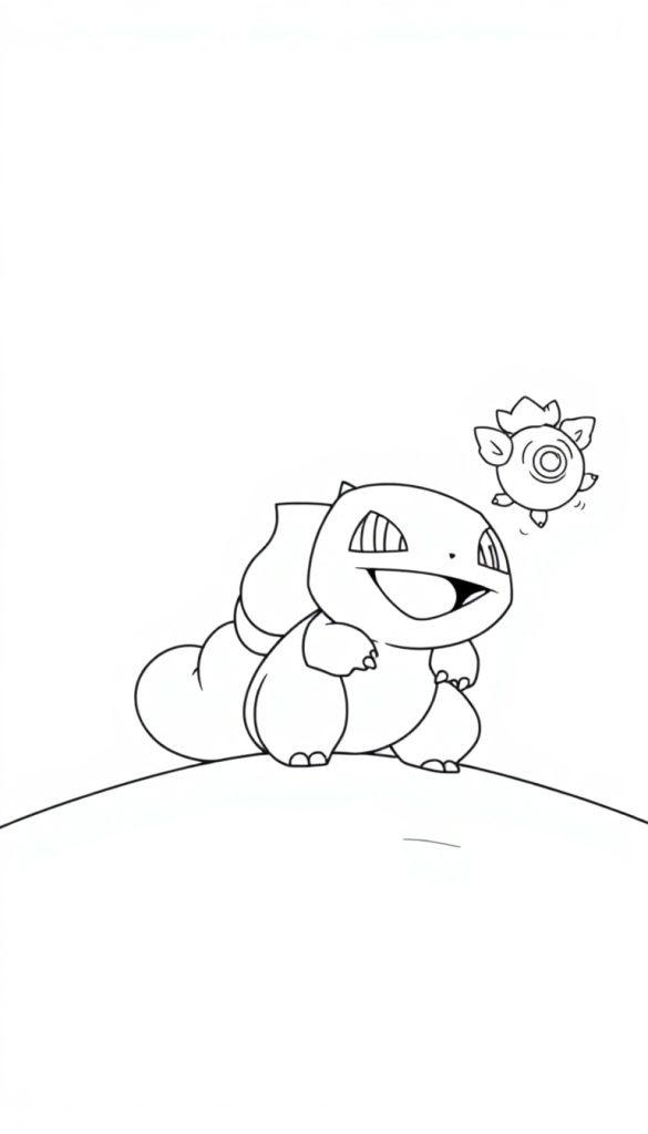 Glückliches Pokémon-ähnliches Wesen mit einem größeren Kopf und einem runden Körper, das neben einer schwebenden Kreatur mit blütenblattartigem Kopfkranz steht.