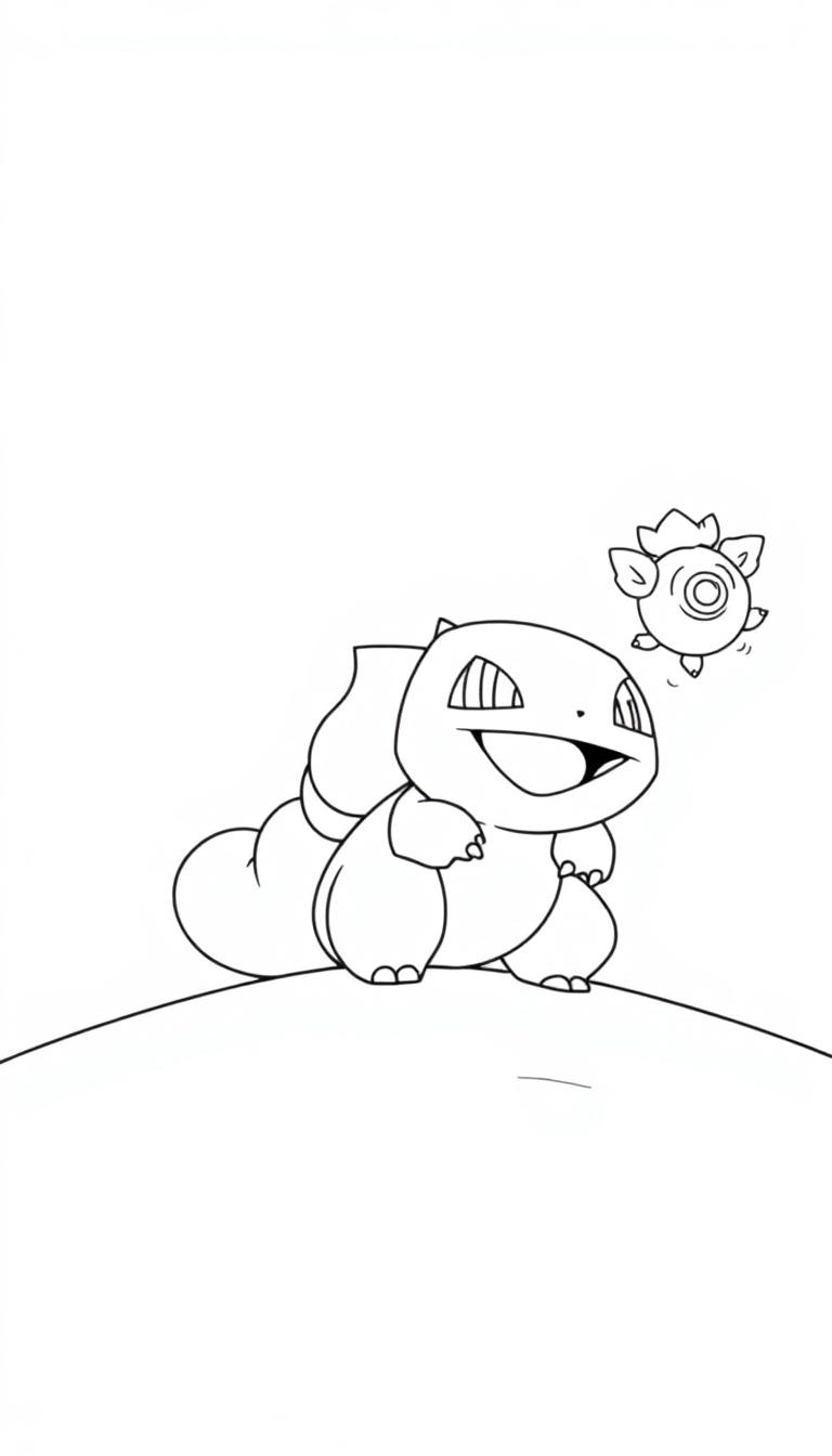 Glückliches Pokémon-ähnliches Wesen mit einem größeren Kopf und einem runden Körper, das neben einer schwebenden Kreatur mit blütenblattartigem Kopfkranz steht.