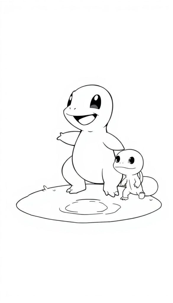 Zwei Pokémon, ein großes und ein kleines, stehen nebeneinander auf einem Stück Land.