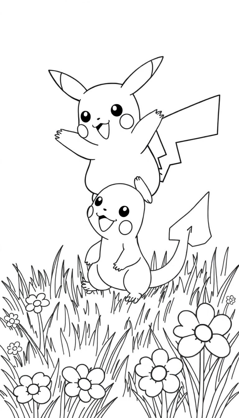 Schwarzweiß-Umrisszeichnung von Pikachu und einem weiteren lächelnden Pokémon in einer Blumenwiese.