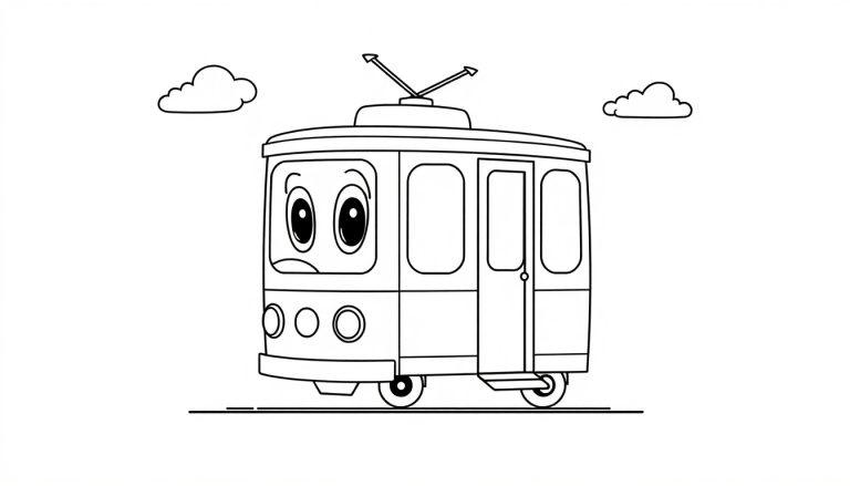 Eine freundliche Straßenbahn mit einem lächelnden Gesicht, bereit zum Ausmalen, mit Antennen und Wolken darüber, auf einer zweigleisigen Strecke. Eine kindgerechte Farbtafel-Zeichnung.