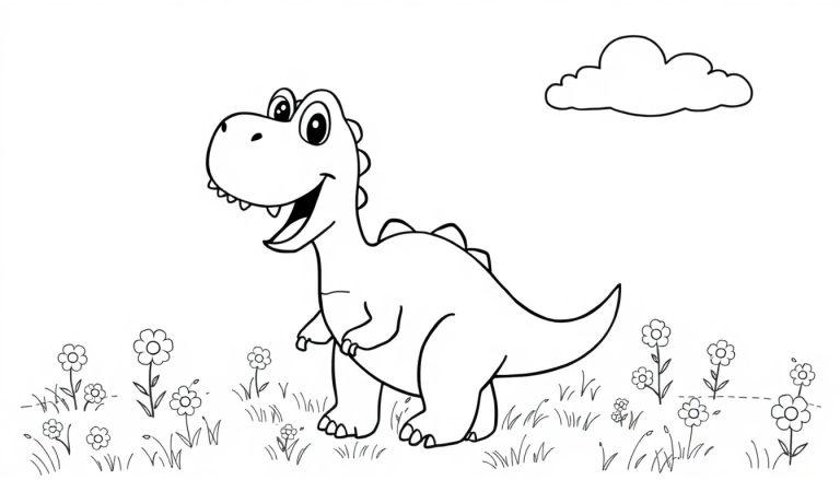 Eine Schwarz-Weiß-Farbtafel-Zeichnung eines freundlichen Cartoon-Dinosauriers mit großen Augen und einem offenen Lächeln, der aufrecht auf zwei Beinen steht, mit kleinen Stacheln auf seinem Rücken, in einer Landschaft mit stilisierten Blumen und Gras im Vordergrund und einer Wolke im Hintergrund.
